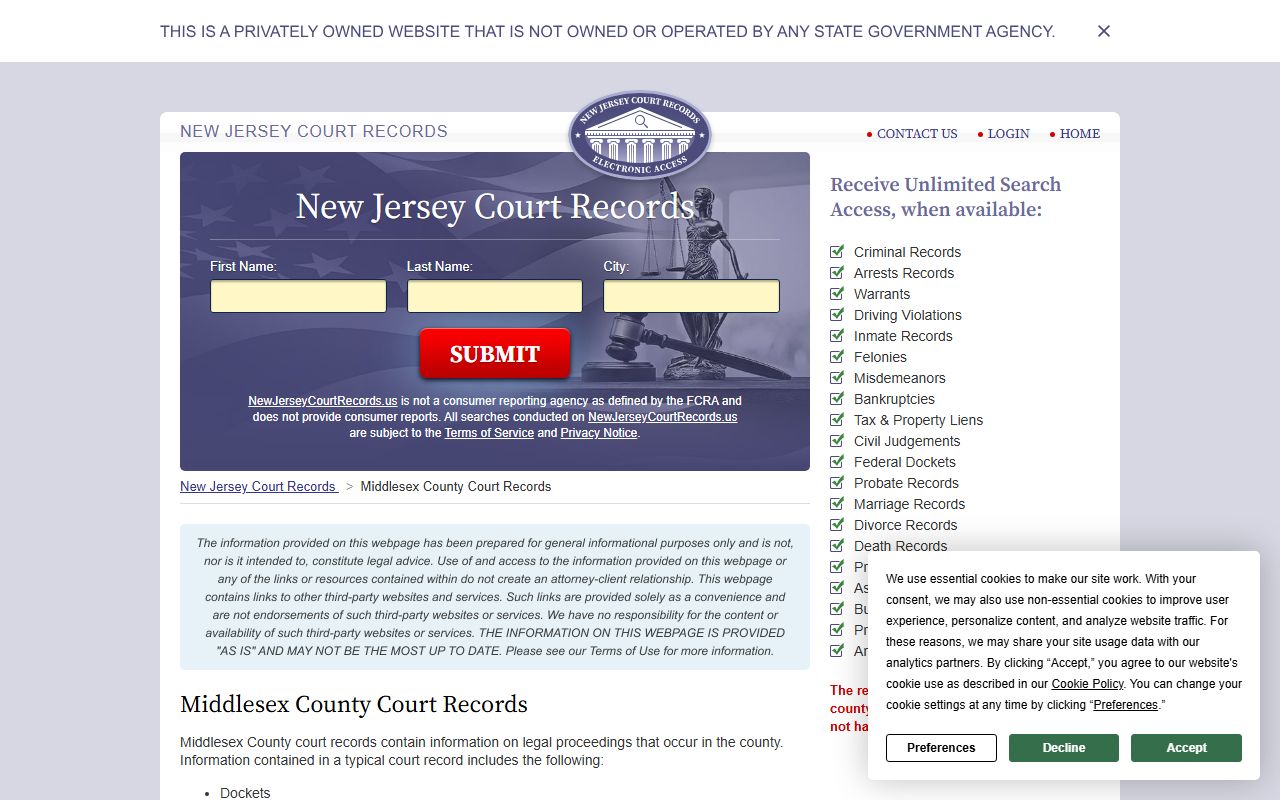 Middlesex County court records for docket searches