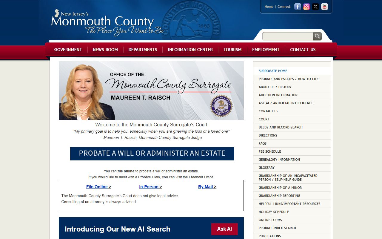 Monmouth County Surrogate's Court for probate docket records