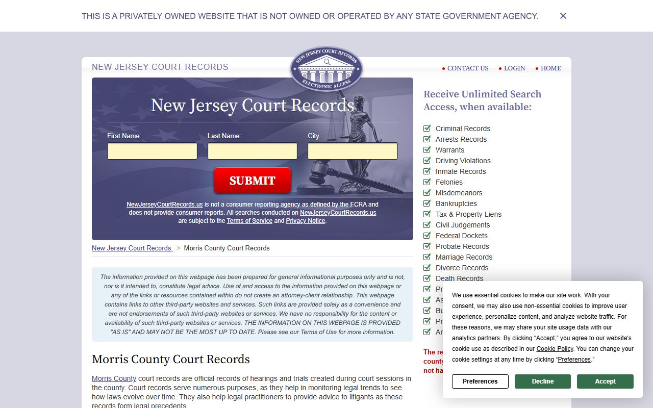 Morris County court records for docket searches